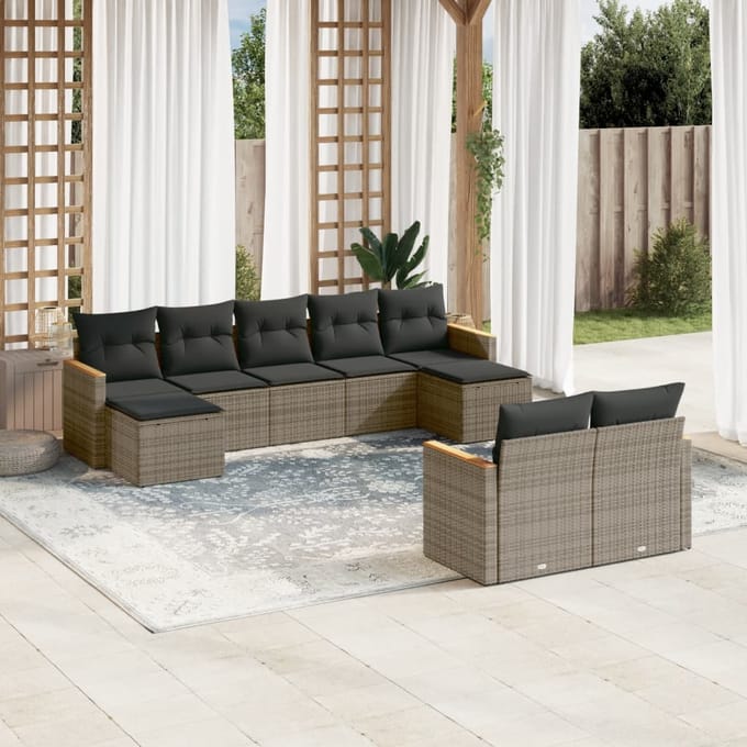 vidaXL - 9-delige - Loungeset - met - kussens - poly - rattan - grijs
