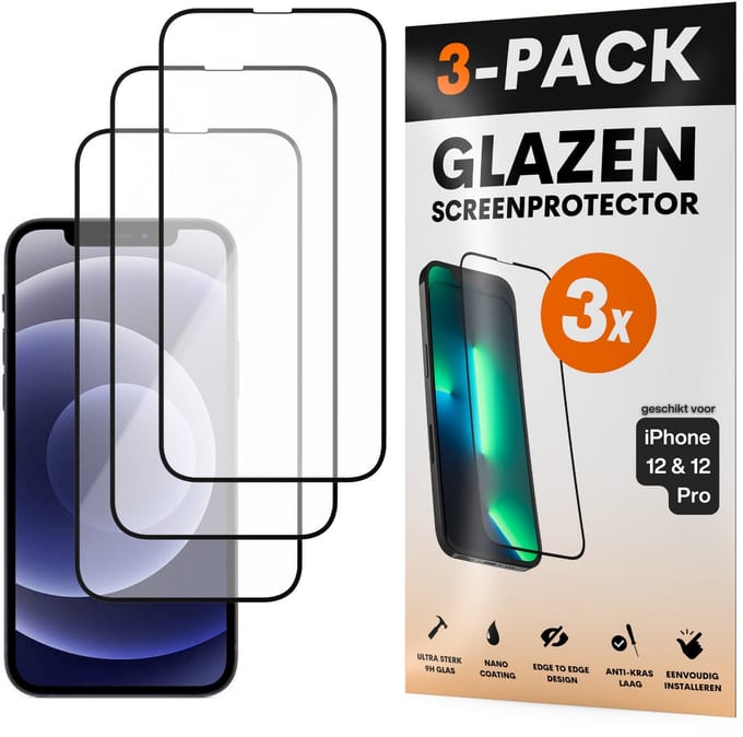 Screenprotector - Geschikt voor iPhone 12 / 12 Pro - Gehard Glas - Full Cover Tempered Glass - Case Friendly - 3 Pack