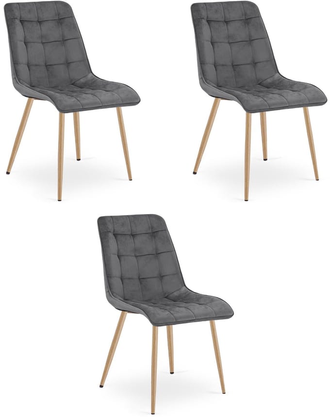 Set van 3 eetkamerstoelen SPLIT - Donkergrijs fluweel - Eikenlook poten - Modern design