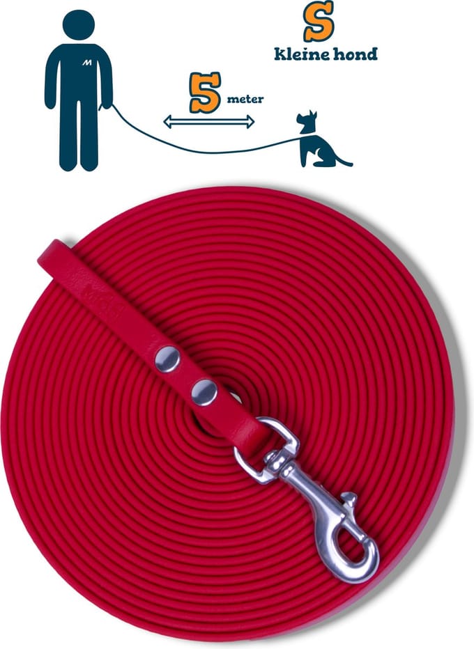 Miqdi BioThane® Sleeplijn 5 meter – zonder handvat – S (9 mm) – rood – waterdicht & sterk