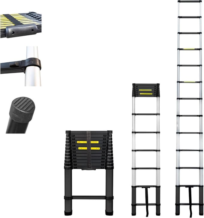 Telescopische Ladder 3.8m Aluminium - Inklapbaar en Uitschuifbaar - Werkhoogte Max 4.7m - EN131 Gecertificeerd