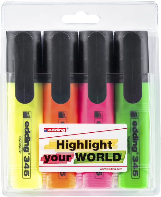 Edding 345 markeerstift 4 stuk(s) Groen, Oranje, Roze, Geel Beitelvormige punt