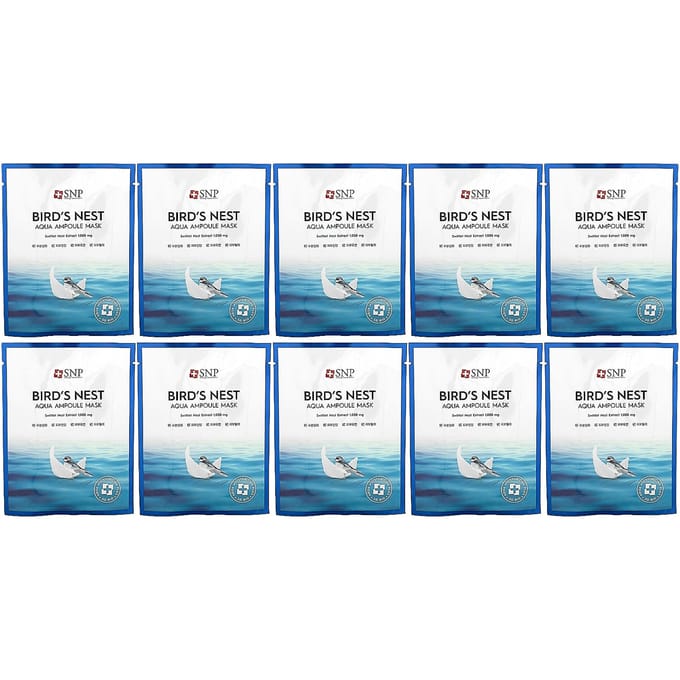 SNP, bird's nest, aqua ampoule beauty mask, 10 sheet masks, 25ml (0.84fl oz) blue