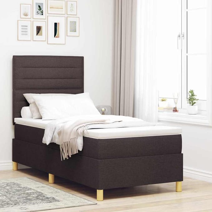 vidaXL - LED - Box - Spring - Bed - met - hoofdeinde - Donkerbruin - 90 - x - 200 - cm - Stof