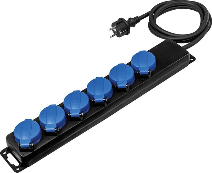 6-Weg Contactdoos met Zware Rubberen Kabel - IP44, 230V/16A, 1,5m