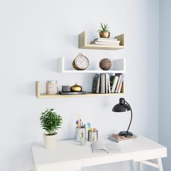 vidaXL - Wandschappen - 3 - st - bewerkt - hout - wit - en - sonoma - eikenkleur