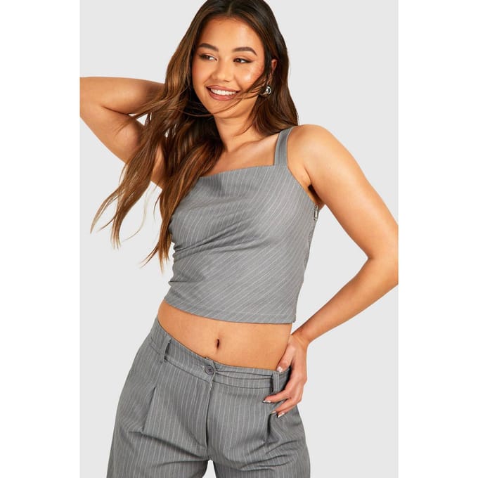 boohoo Dames Pinstripe Draped Schouder Top met Vierkante Hals | Grijs | Maat: 42