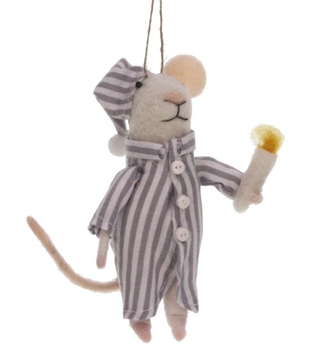 Muis in pyjama met kaars vilt 8x8x12cm