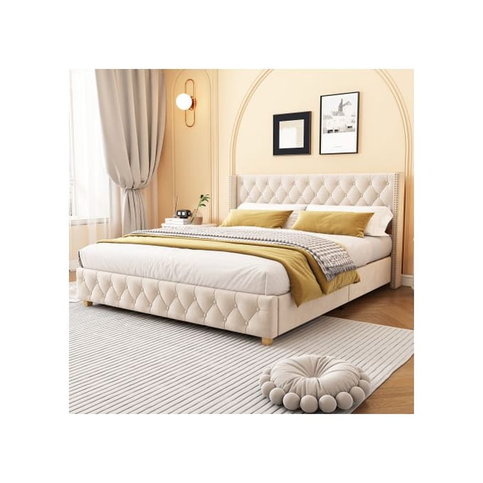 Gestoffeerd bed - 160x200 cm - Lichtbeige - Lattenbodem - Elegant design beige