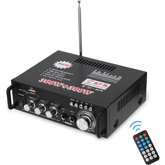 12V/ 220V Mini 2CH LCD-scherm HIFI Audio Stereo Eindversterker BT FM-radio Draagbare auto thuis 600W US Plug gray