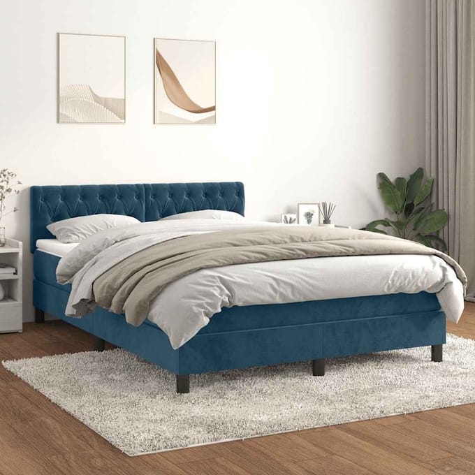 vidaXL - Boxspring - met - matras - fluweel - donkerblauw - 140x190 - cm