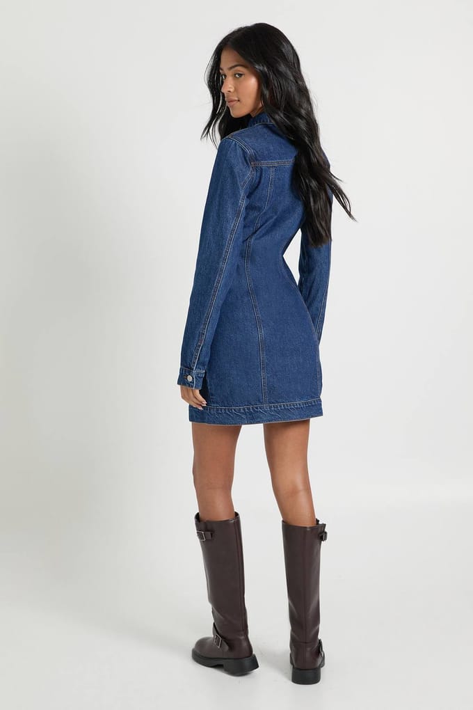 boohoo Dames Hoge Westerse Denim Minijurk | Indigo | Maat: 6