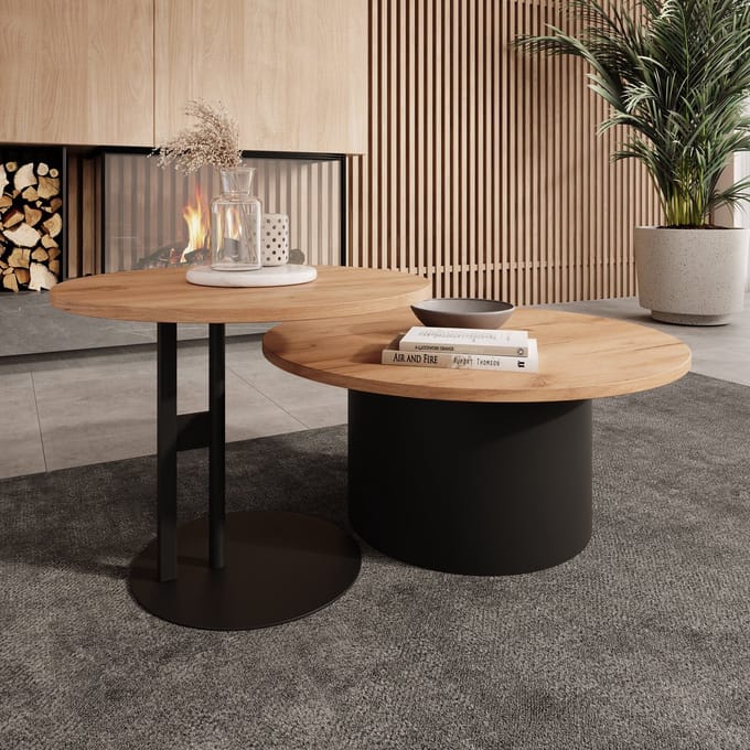Meubella - Mastro - Salontafel set van 2 - Zwart / Eiken - 58-75 cm