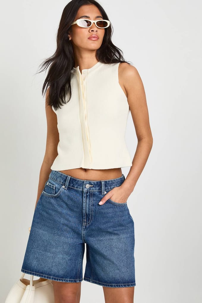 boohoo Dames Denim Boyfriend Short | Gewassen Indigo | Maat: 34