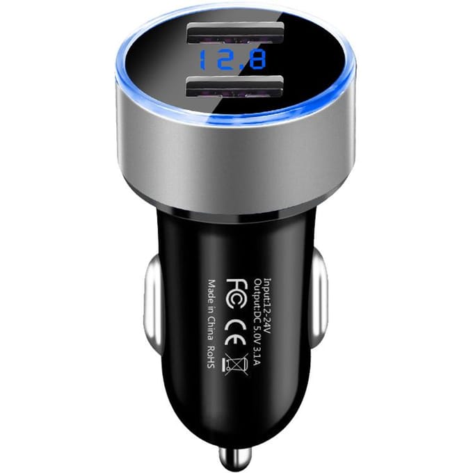 Universele 12V-24V snelle dubbele USB-autoladeradapter met LED-spanningsweergave 3,1A autotelefoonlader gray