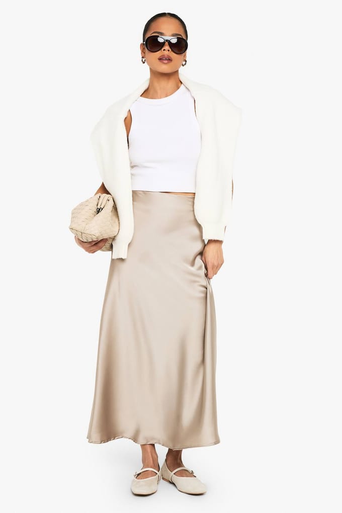 boohoo Dames Satijn Midaxi Rok | Taupe | Maat: 38
