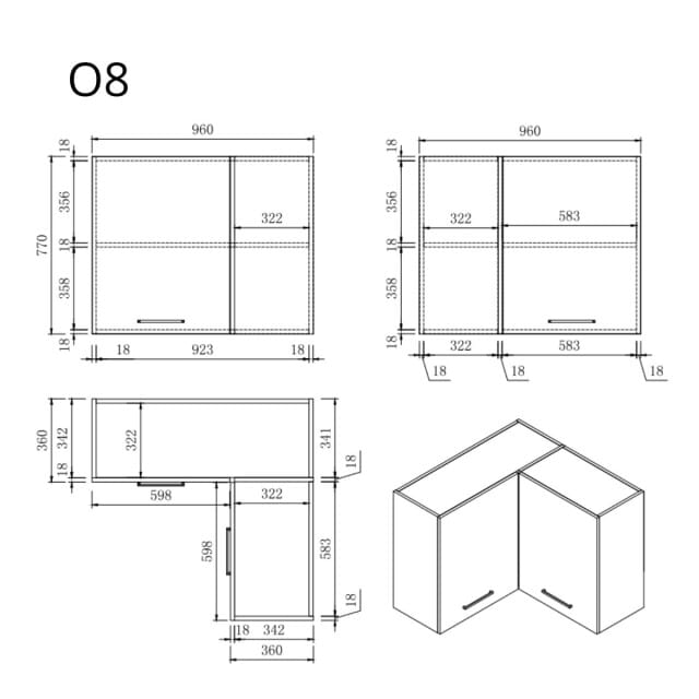 Wasophoogte® Keukenkast - Bovenkast keuken - Module O8 - 960(D)*960(B)*770(H) mm - Wit
