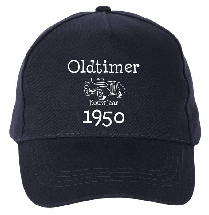 Mijncadeautje - 5 panel - Cap - Verstelbaar - Pet van 100% dik geborsteld katoen- unisex - opdruk wit - Oldtimer 1950 - navy blauw