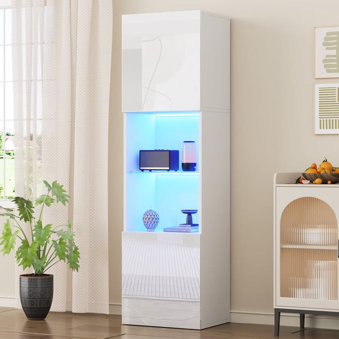 Vitrinekast - 45x35x160 cm - Hoogglans met LED - 1 Glazen Legplank - Glas - Wit