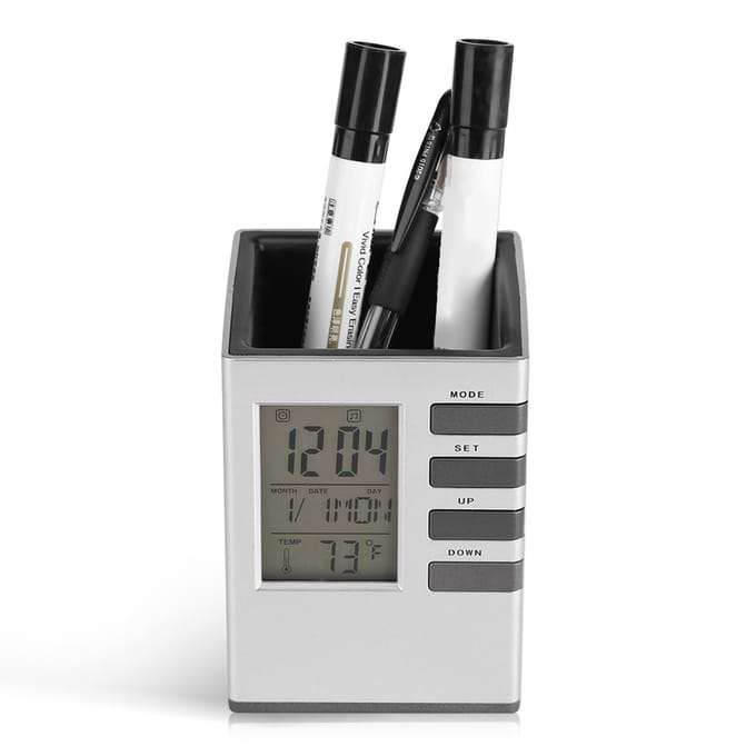 Multifunctioneel LED Digitaal LCD Scherm Temperatuurweergave Wekker Pennenhouder Etui Cadeau white