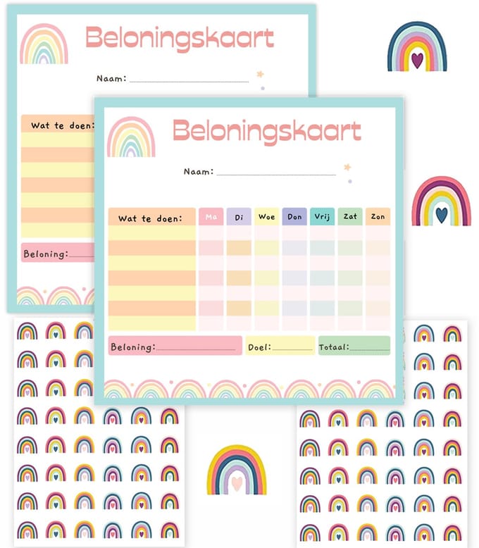 Beloningskaarten + Stickers Regenboogjes - Weekplanner - Kaarten voor Structuurjunkie