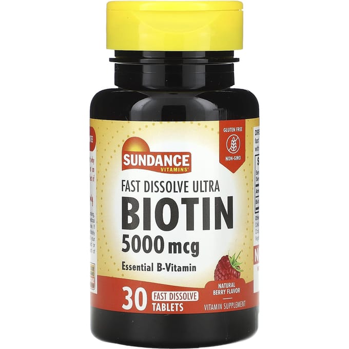 Sundance Vitamins, Ultra Biotine à dissolution rapide, baies naturelles, 5 000 mcg, 30 comprimés à dissolution rapide