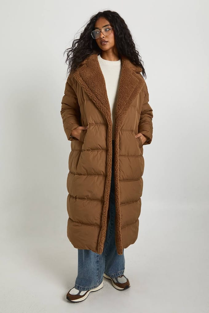 boohoo Dames Teddy Trim Pufferjas met Teddy Mouwen | Rust | Maat: 8