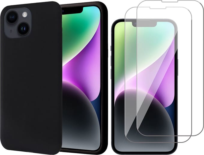 Hoesje geschikt voor iPhone 14 Plus - 2x Screen Protector GlassGuard - Back Cover Case SoftTouch Zwart & Screenprotector