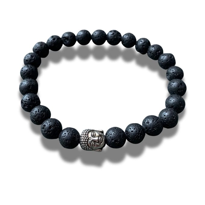 Armband - natuursteen - lava - zilverkleurig buddha element - boeddha element - 8 mm 20,5 cm