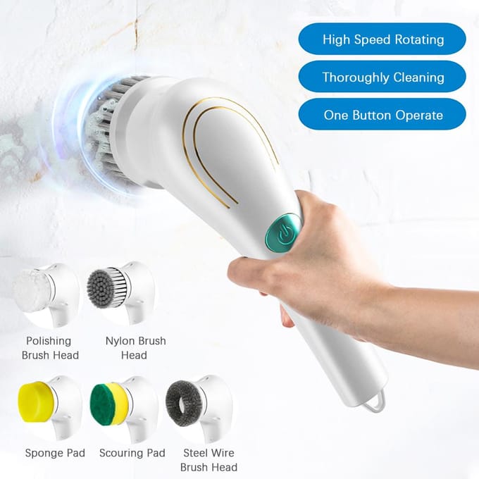 Brosse de nettoyage multifonctionnelle, épurateur électrique à rotation, avec 5 têtes, sans fil, portable, pour la cuisine blanc