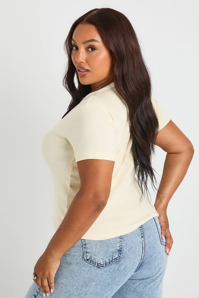 boohoo Dames Plus Top met knoopsluiting en contrasterende afwerking | Lemon | Maat: 16