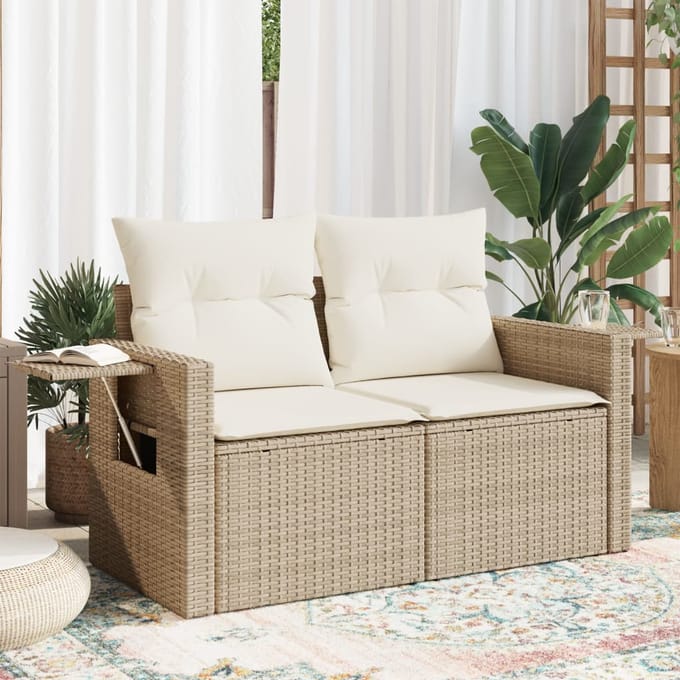 vidaXL - Tuinbank - 2-zits - met - kussens - poly - rattan - beige