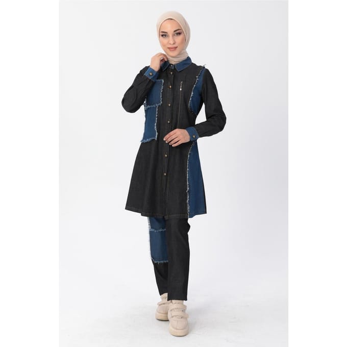 Rits Detail Hijab Denim Outfit Zwart