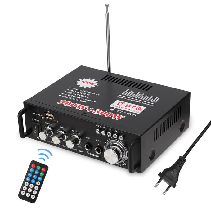 12V/ 220V Mini 2CH LCD-scherm HIFI Audio Stereo Eindversterker BT FM-radio Draagbare auto thuis 600W EU Plug gray