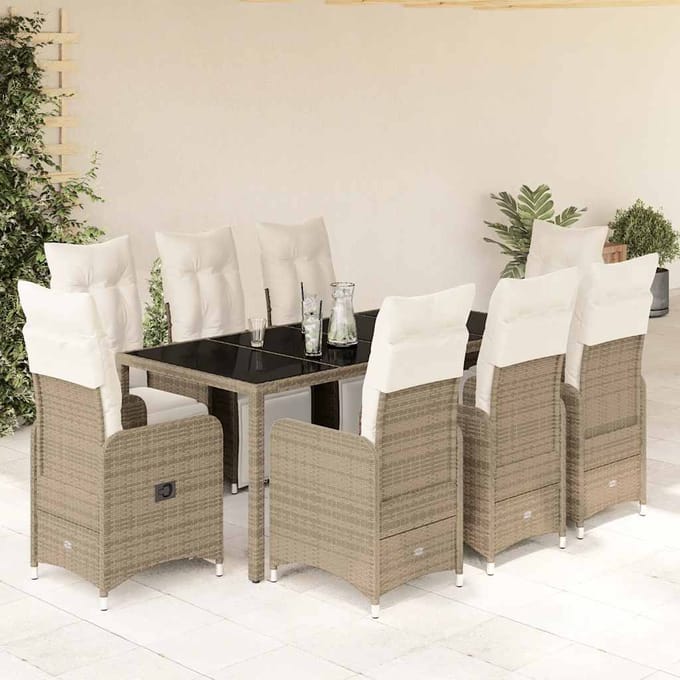 vidaXL - 9-delige - Bistroset - met - kussens - poly - rattan - bruin