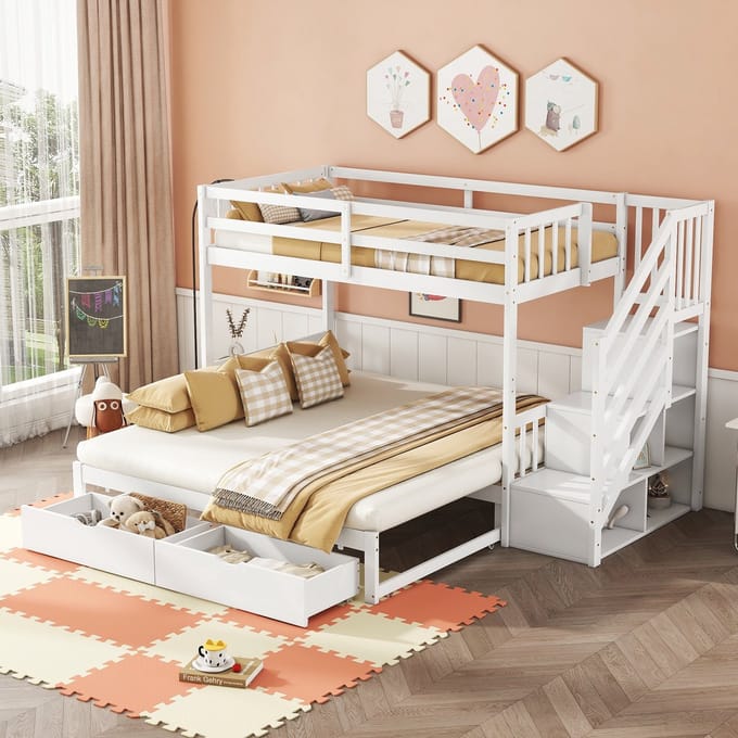 MODFU Stapelbed 90x200 cm van grenenhout en MDF, wit, met uitschuifbed en lades