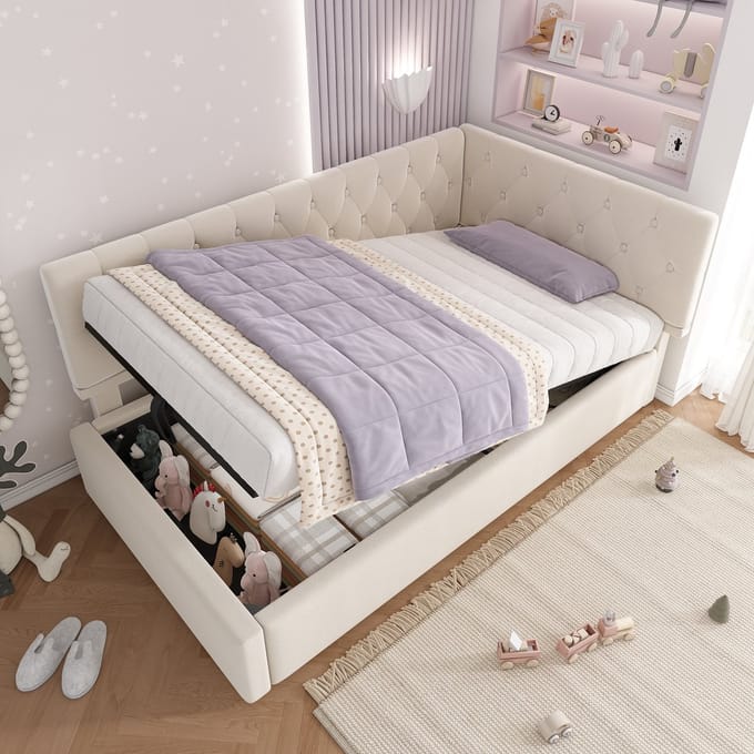 MODFU Bedframe 90x200 cm, fluweel beige, met hoofdbord en hydraulische opbergruimte