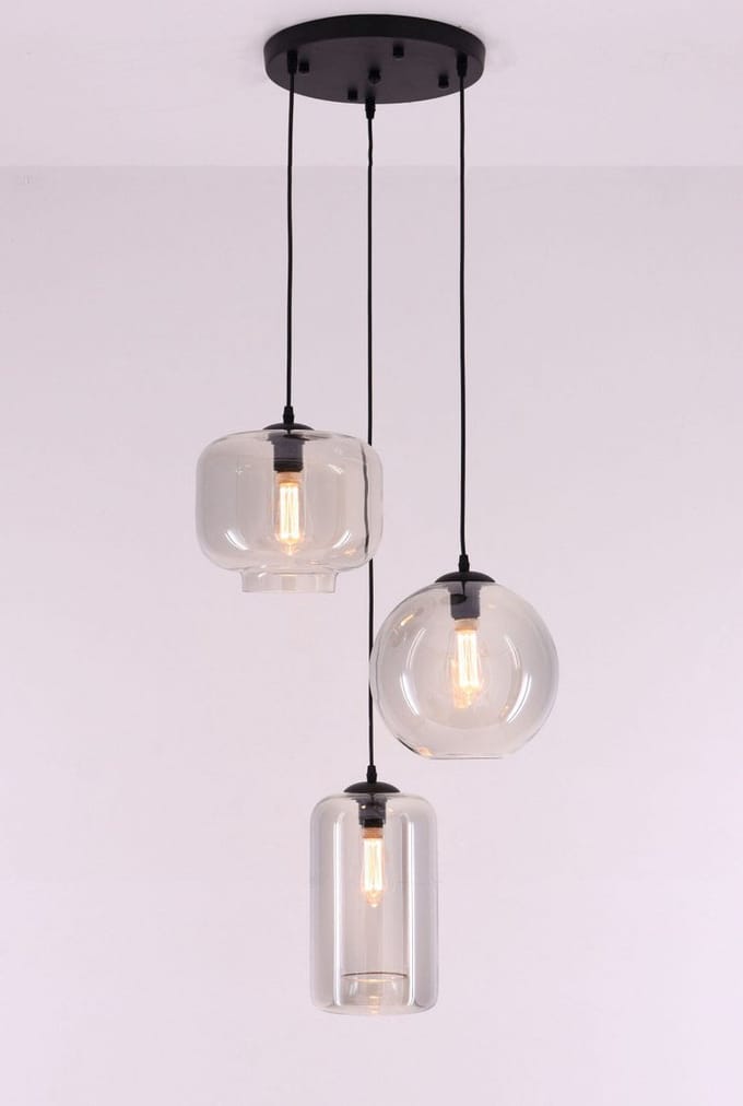 EEf hanglamp Grey - getint grijs glas - 3 lichts 150cm