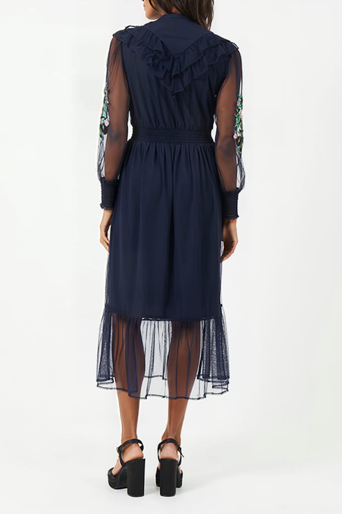 French Connection Abra Embroided Mesh Midi Dress Blue Größe: M | Midikleider Outlet | Damen | Blau
