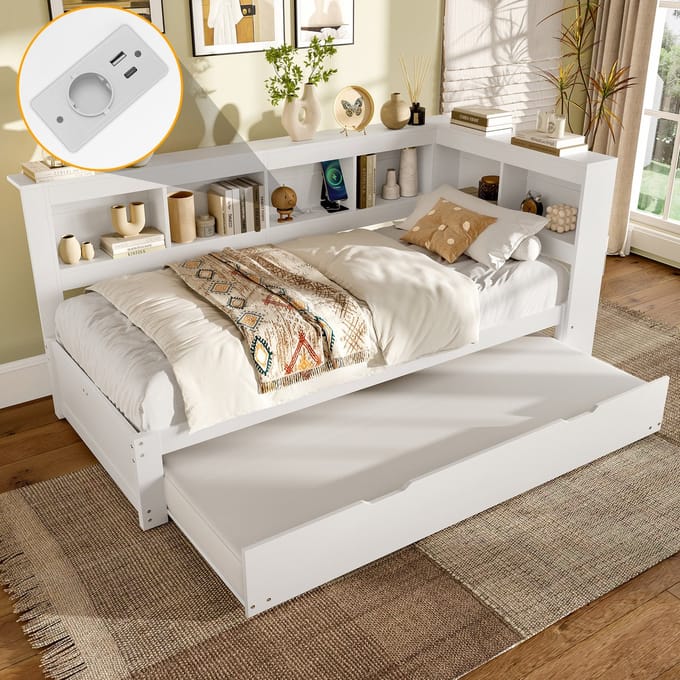 MODFU - Bedframe – 90x200 cm – Uitschuifbaar dagbed – Met USB – Grenenhout – Wit