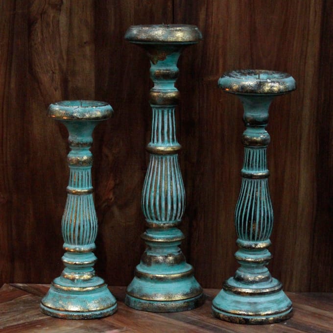 Vintage Kandelaar - Turquoise & Goud - Kaars Houder - 30cm Hoog