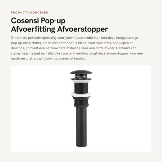 Afvoerstopper Gloednieuw - Afvoerstop - Messing - Push/Pop-up - Zonder Overloop - Afmetingen 22x3cm - Afvoerplug