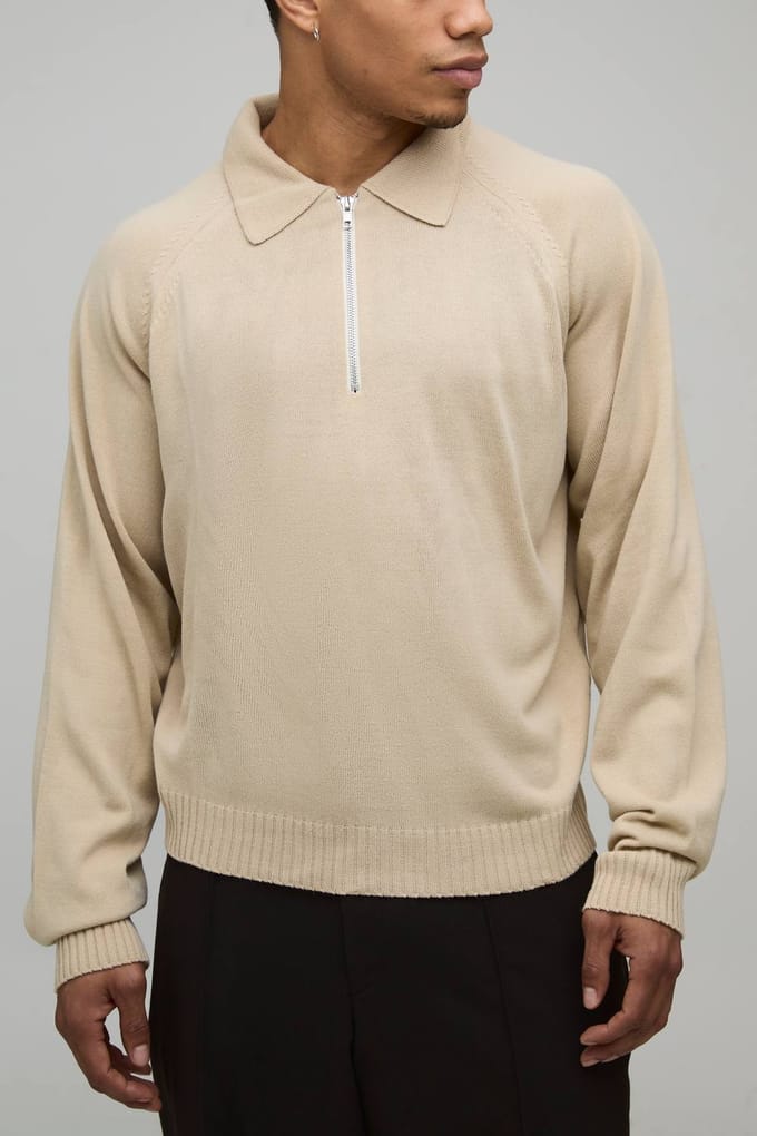 Regular 1/4 Zip Knitted Polo T-Shirt | Taupe | Size Medium