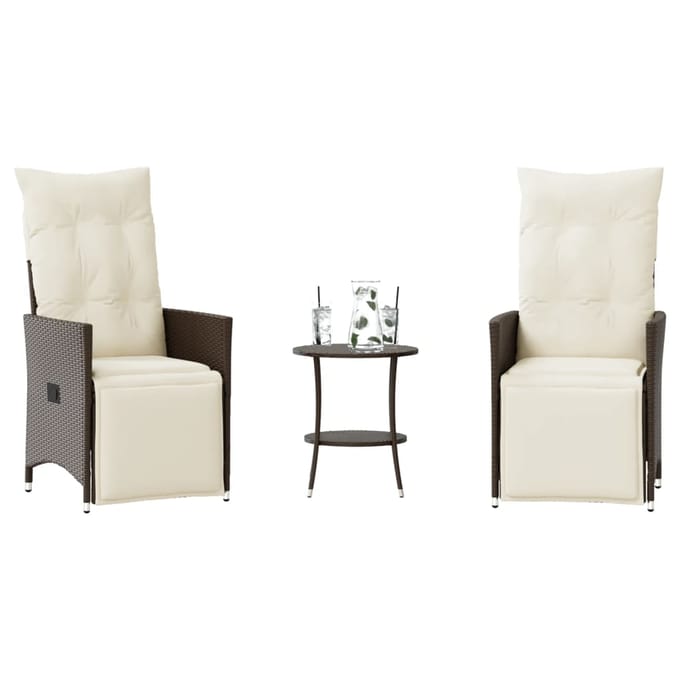 vidaXL - 3-delige - Bistroset - met - kussens - poly - rattan - bruin