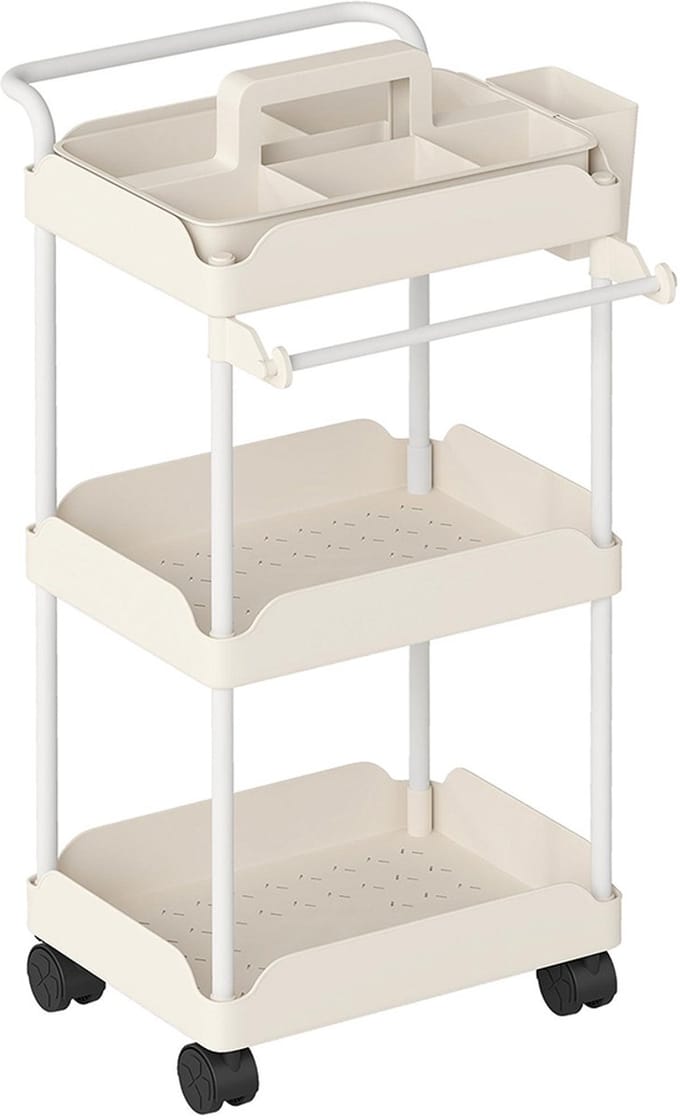 Pugsdrly Opbergkar, 3 manden, handdoekhouder, wieltjes, handgreep, metalen frame, wit