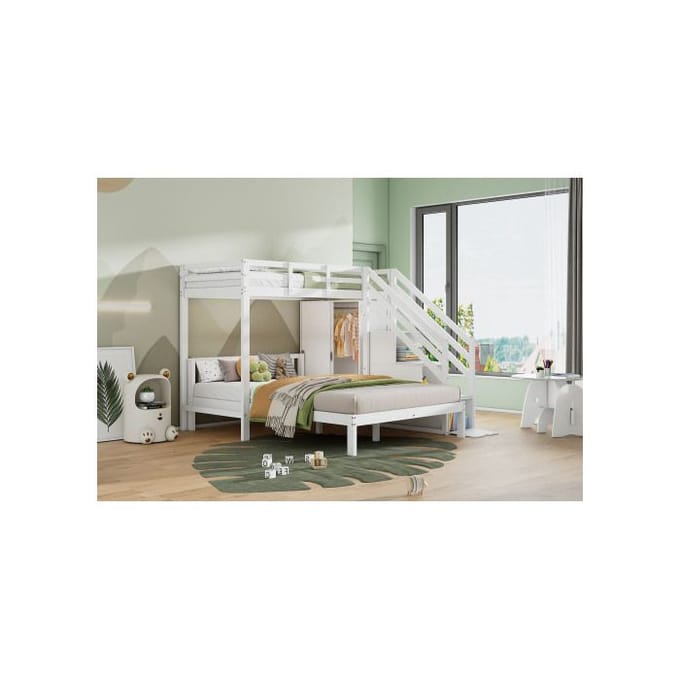 Stapelbed - MUVOE - 90*200 cm + 140*200 cm - Massief hout - Wit - Met kast wit
