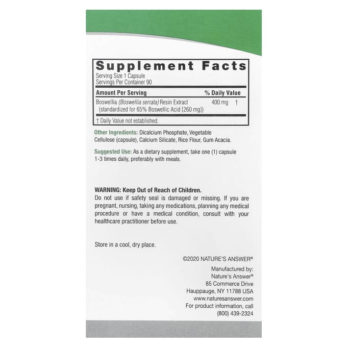 Nature's Answer, Boswellia, 400 mg, 90 gélules végétales