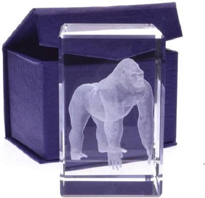 Glasblokje Gorilla 3D – Lasergravure in Glas – Cadeauverpakking 8 cm