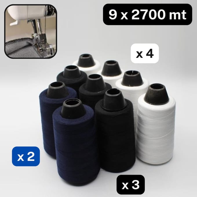 9x2200mt Lockgaren 4xWit + 3xZwart + 2xDonkerblauw ***Overlock***