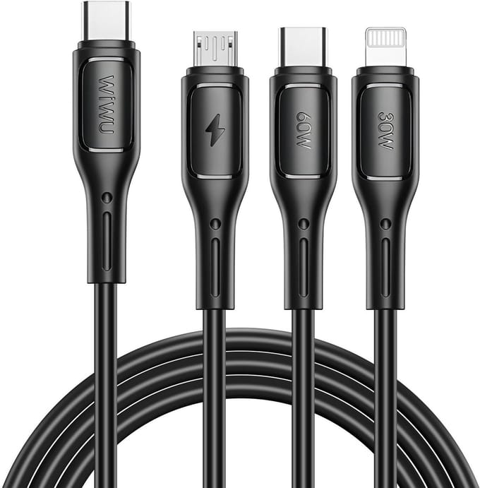 WiWu, 3-in-1 Kabel - Micro/USB-C/Lightning - 60W - Snellader - 1m, Zwart